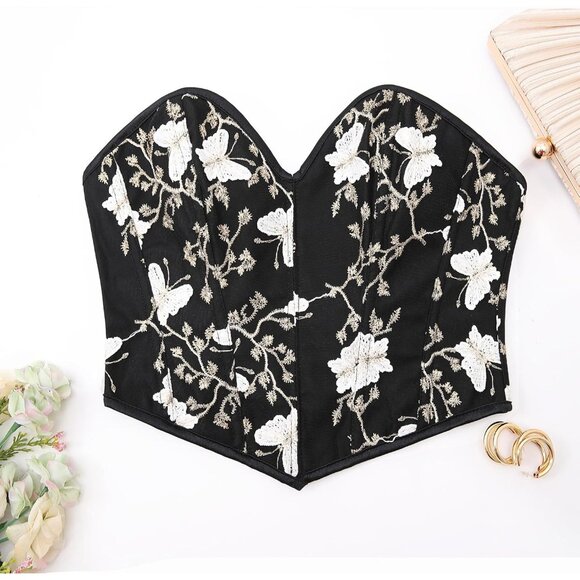Women Black Floral Lace Up Boned Overbust Corset Top Bustier Lingerie Bodysuit - Picture 4 of 6